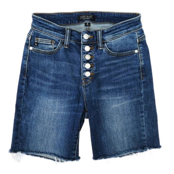 26x7 Judy Blue Denim Jean Shorts High Rise Bermuda Exposed Button Fly Cut Offs - Picture 1 of 7